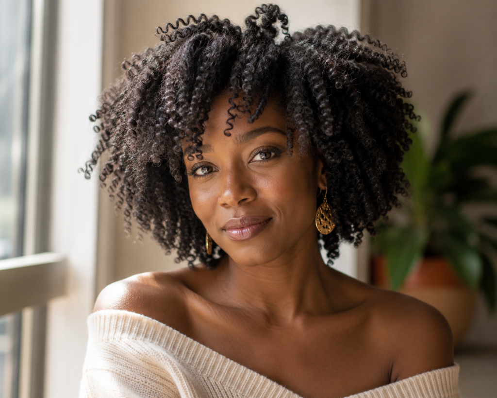 Woman with coily hair styled in defined twist-out