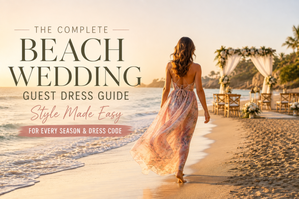 Woman in a flowing pastel maxi dress walking toward a beach wedding ceremony