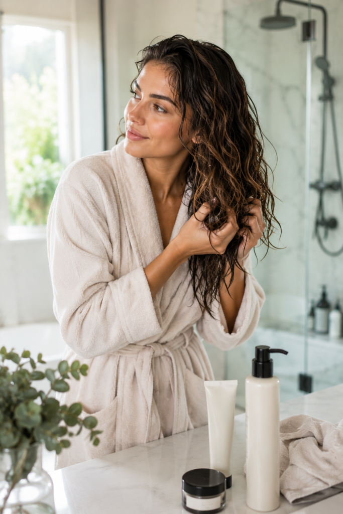 Woman applying leave-in cream to wavy hair for air-drying routine Caption: Enhancing natural texture reduces the need for daily heat styling.