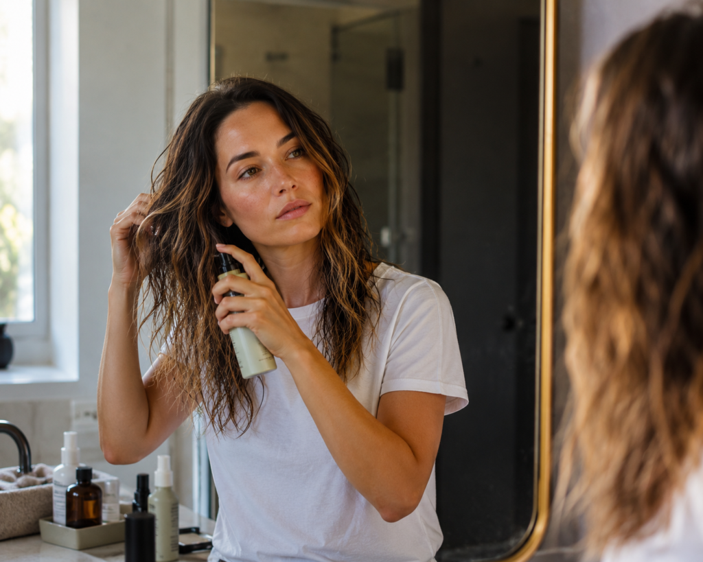 Woman applying texturizing spray to damp wavy hair in a bathroom mirror Caption: Texturizing spray on damp hair creates natural waves without heat damage