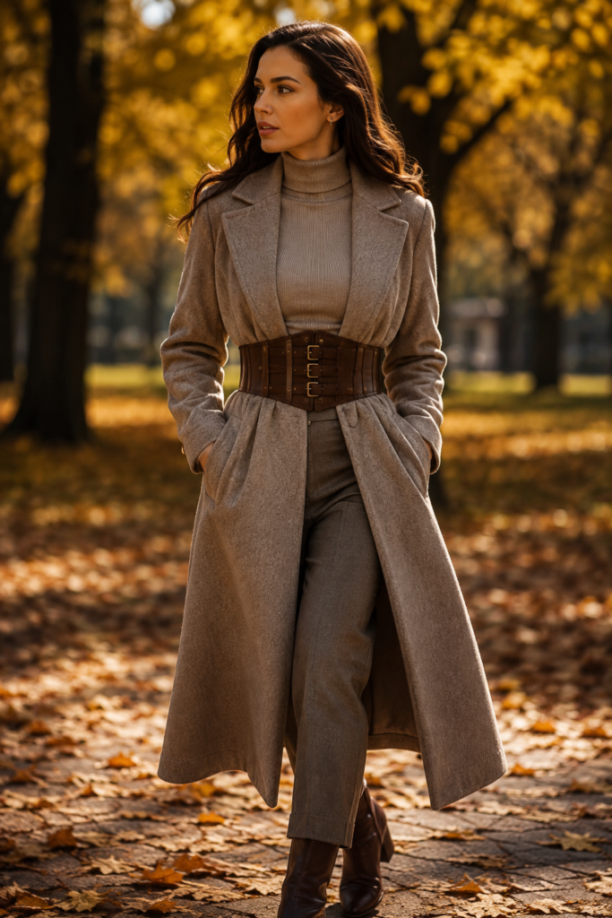 Woman wearing wool coat cinched with brown corset belt in autumn park setting Caption: A corset belt adapts easily to cold-weather layering.