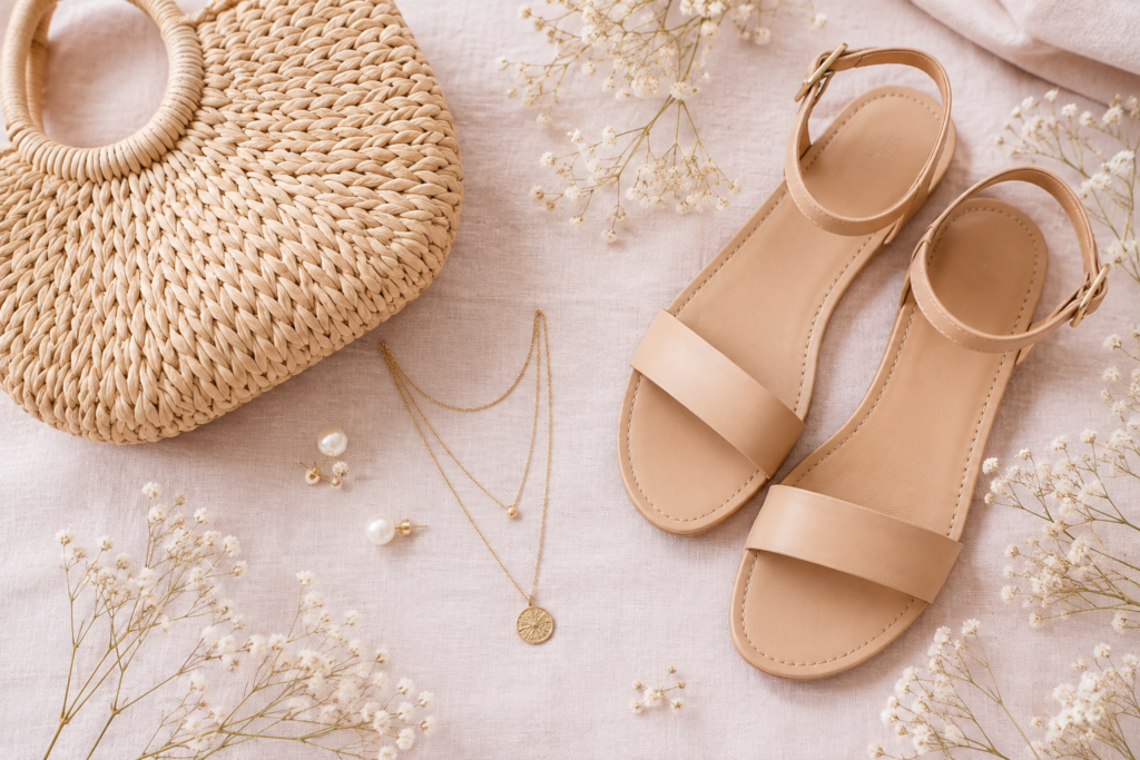 Flat lay of baby shower accessories including sandals, a woven bag, and pearl jewelry