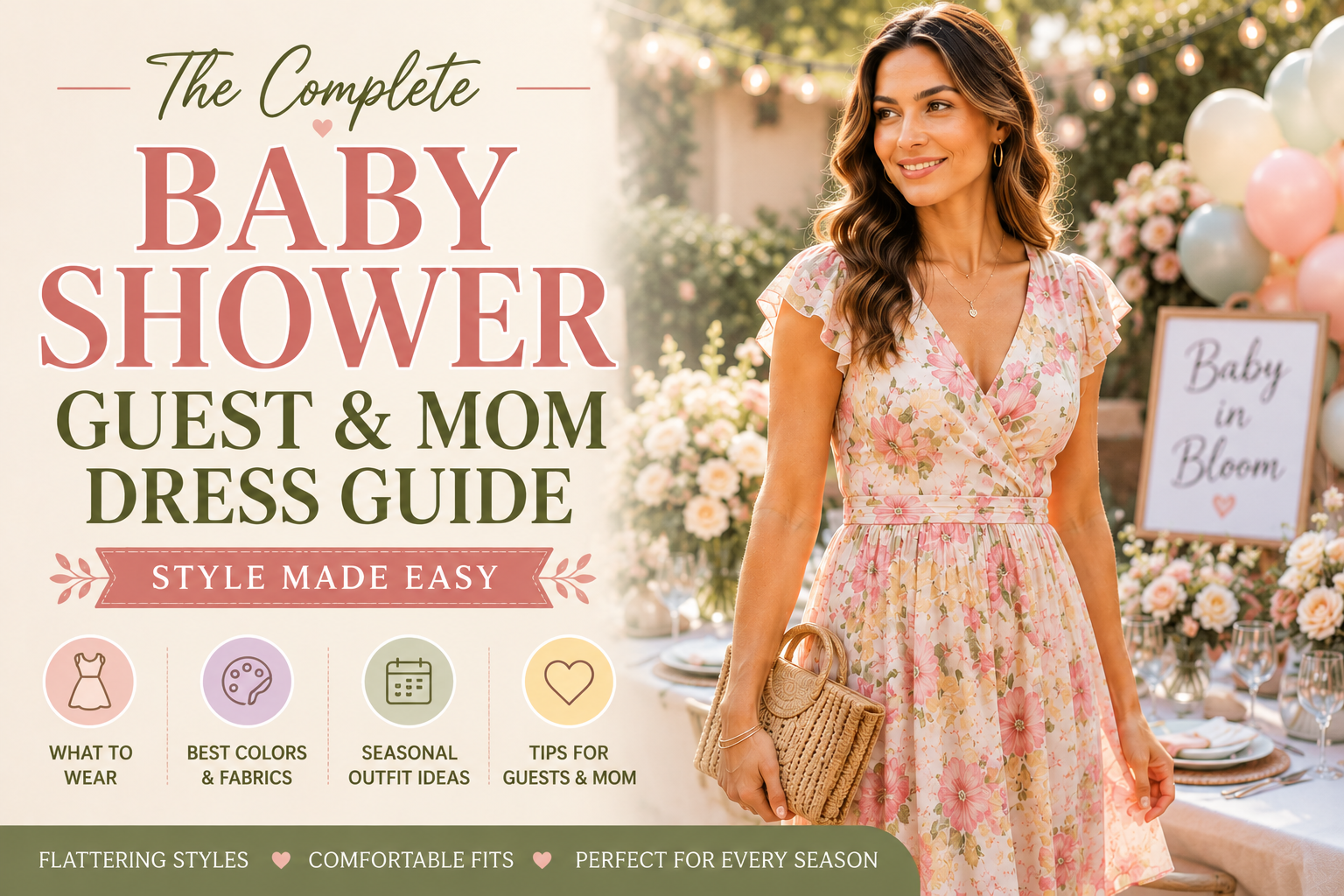 Baby shower guest dress guide with a pastel floral dress for a stylish celebration