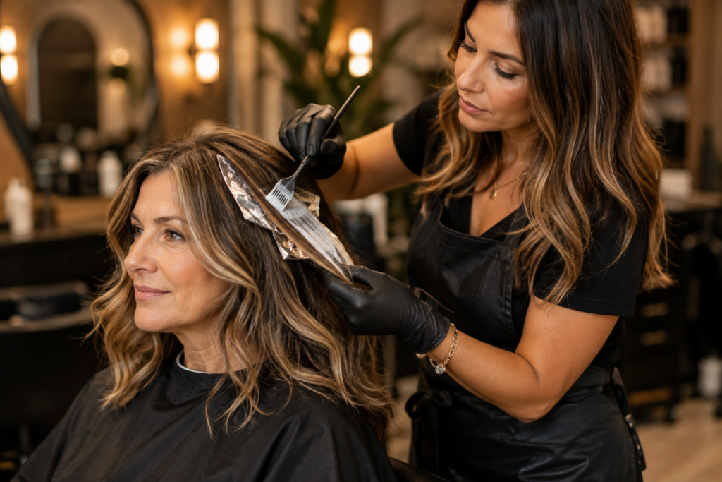 Hairstylist applying warm balayage color technique