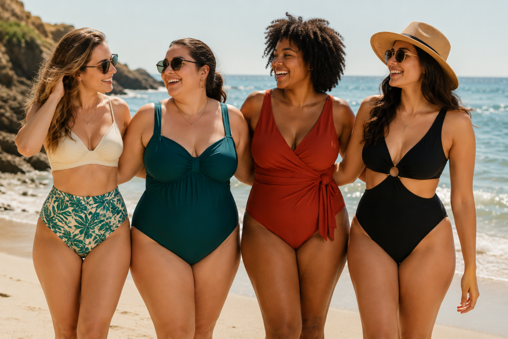 Group of women in different swimsuit styles representing various body types at the beach