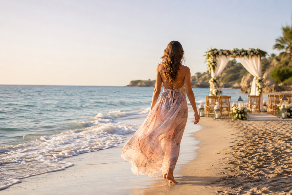 Woman in a pastel maxi dress walking along the shoreline at a beach wedding