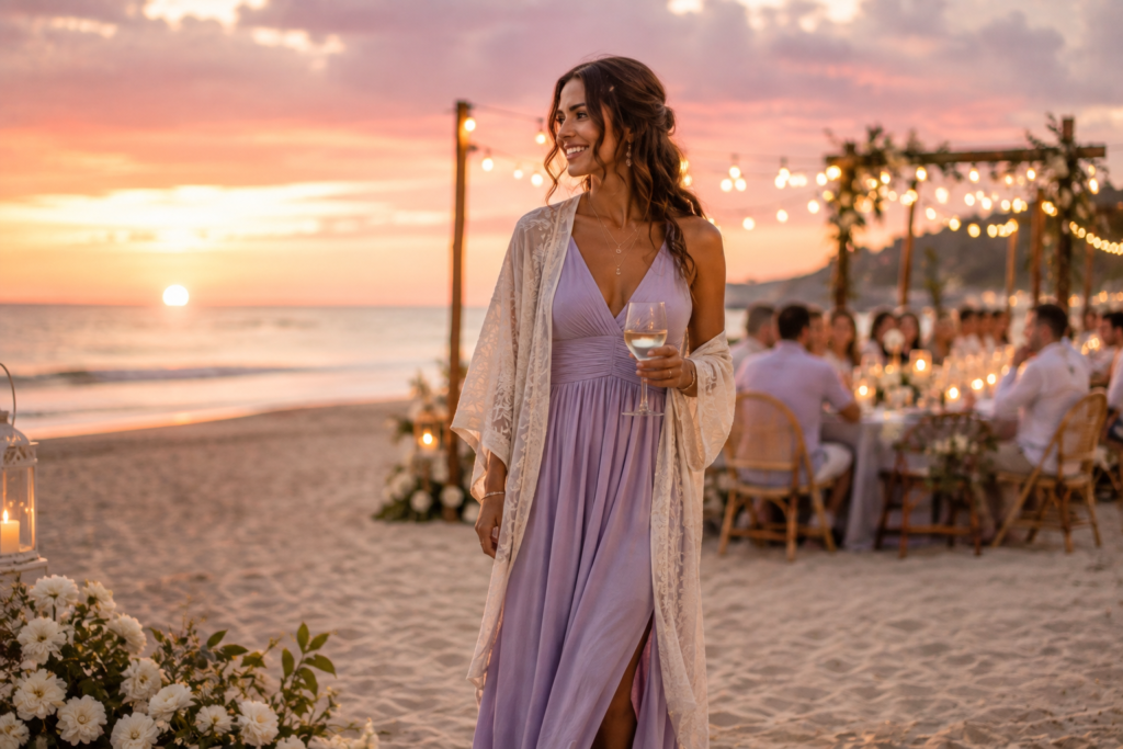 Woman in a lavender maxi dress with a kimono wrap at a beach wedding sunset reception