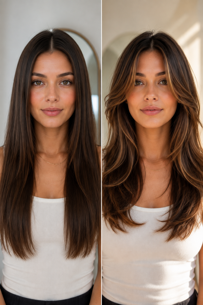Before and after comparison of hairstyle with face-framing layers added Caption: See the difference face-framing layers make to an everyday haircut.