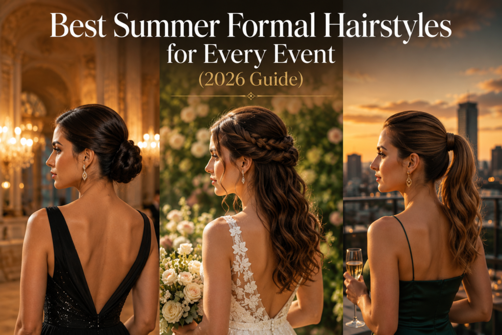 Elegant women showcasing the best summer formal hairstyles for a gala, garden wedding, and rooftop cocktail event in 2026.