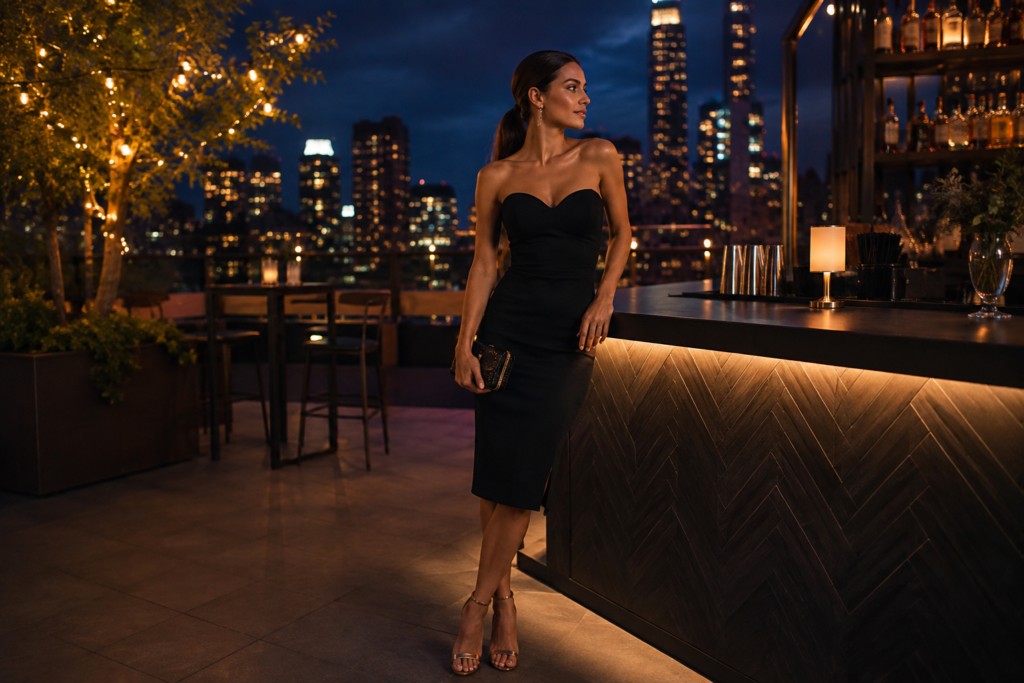 Woman wearing a black cocktail dress at a rooftop evening party