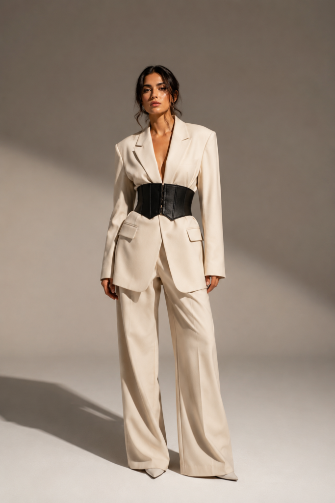 Woman wearing wide black corset belt over oversized cream blazer Caption: A structured corset belt instantly redefines an oversized silhouette.