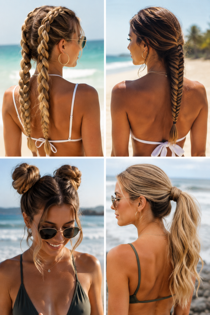 Collage of four water-resistant braided beach hairstyles Caption: Braided styles consistently outperform loose hair around water.