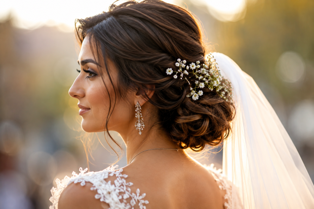 Bride wearing textured low bun with small flowers