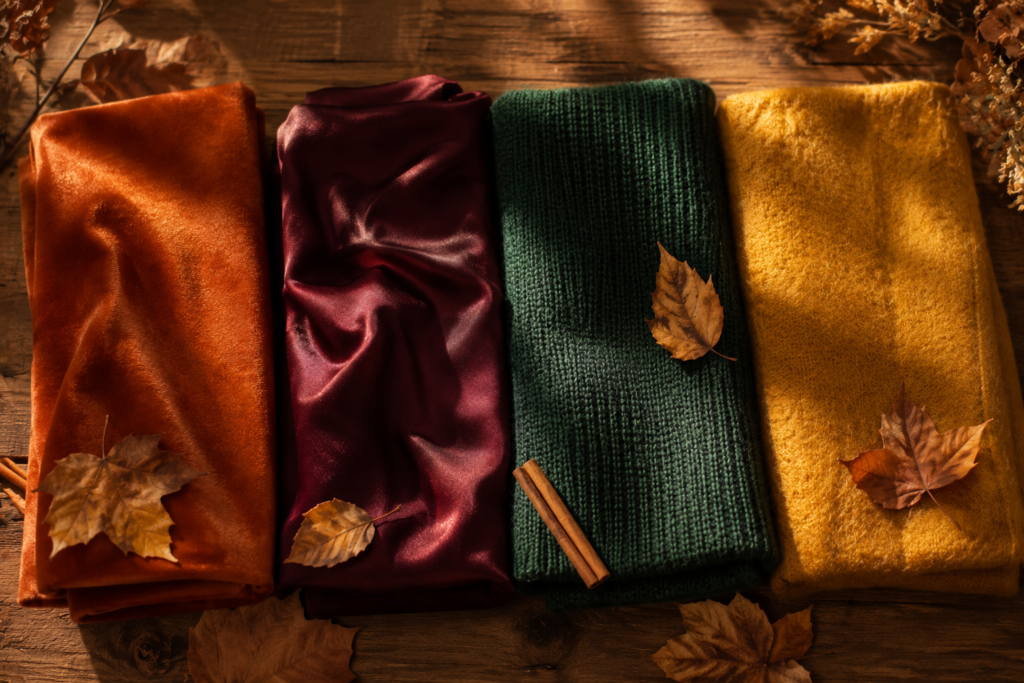 Flat lay of fall wedding guest dress color swatches in rust, burgundy, emerald, and mustard