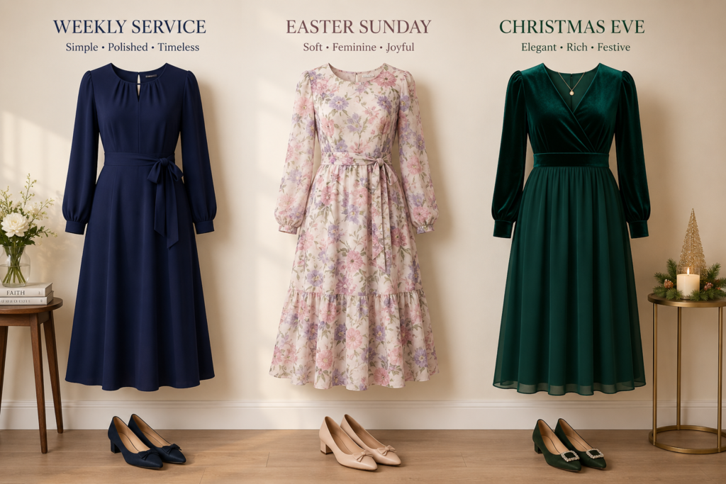 Three church occasion dress styles shown side by side: weekly service, Easter, and Christmas Eve