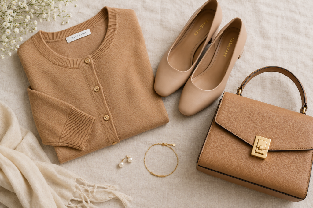 Flat lay of church outfit accessories including a cardigan, low heels, and a structured handbag