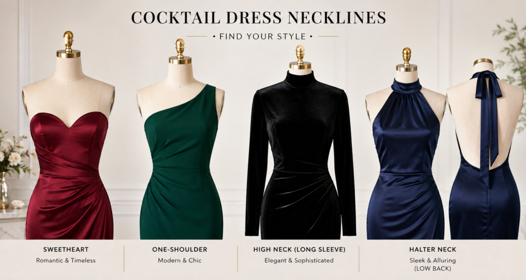 Four cocktail dress neckline styles shown side by side: sweetheart, one-shoulder, long-sleeve, and high-neck