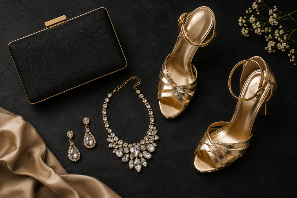 Flat lay of cocktail party accessories including a clutch, heels, and statement jewelry