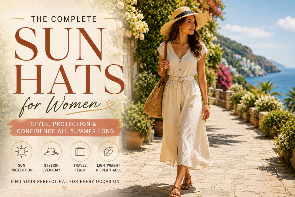 Woman wearing a stylish wide-brim straw sun hat outdoors in summer