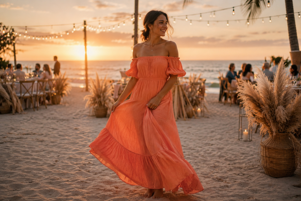 Woman in a coral maxi dress at a beach wedding reception during golden hour