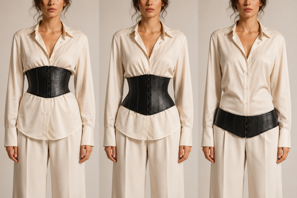 Comparison of underbust, waist-cincher, and hip corset belt styles Caption: Where a corset belt sits on the body changes the entire silhouette.
