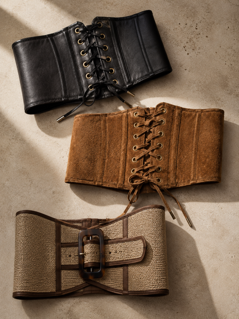 Flat-lay of three corset belts in different colors and textures Caption: The range of colors and textures available continues to expand.