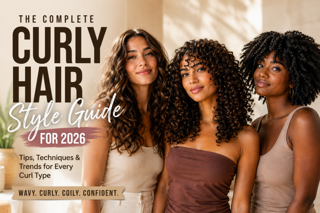 Curly hair style guide 2026 featuring women with Type 2 waves, Type 3 ringlets, and Type 4 coils