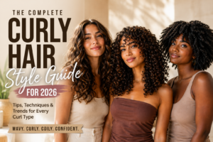 Curly hair style guide 2026 featuring women with Type 2 waves, Type 3 ringlets, and Type 4 coils