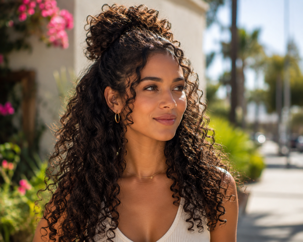 Woman with curly hair wearing curly half-up hairstyle
