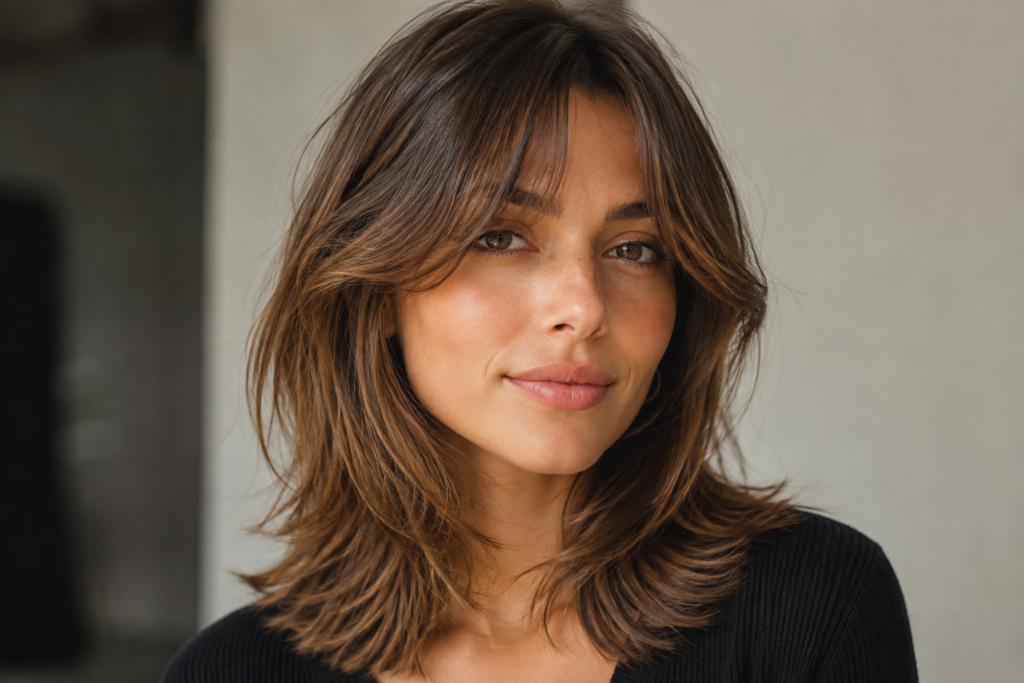 Close-up of medium-length layered hair with curtain bangs