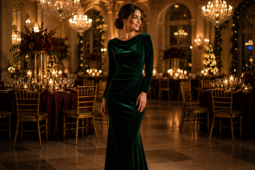 Woman in an emerald velvet gown at an indoor winter wedding reception