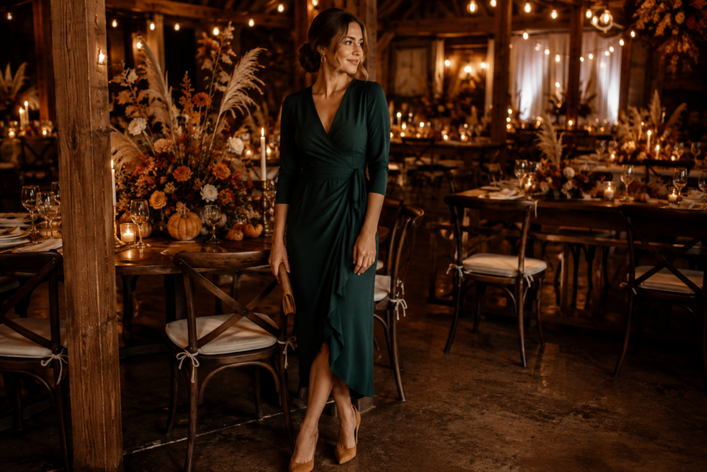 Woman in an emerald wrap dress at an indoor fall wedding reception 