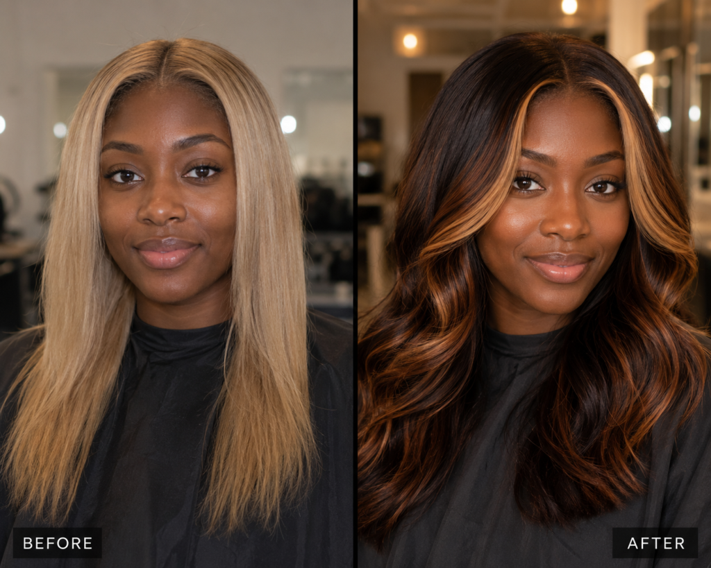 Before and after hair transformation showing flat blonde changed to rich espresso-copper hair with a honey money-piece on dark skin.