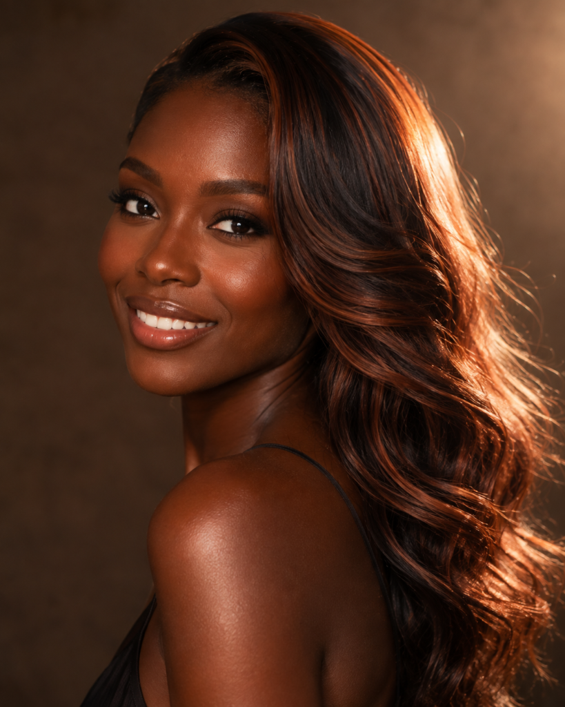 Dark-skinned woman with dimensional espresso-copper hair in a luxury studio beauty portrait