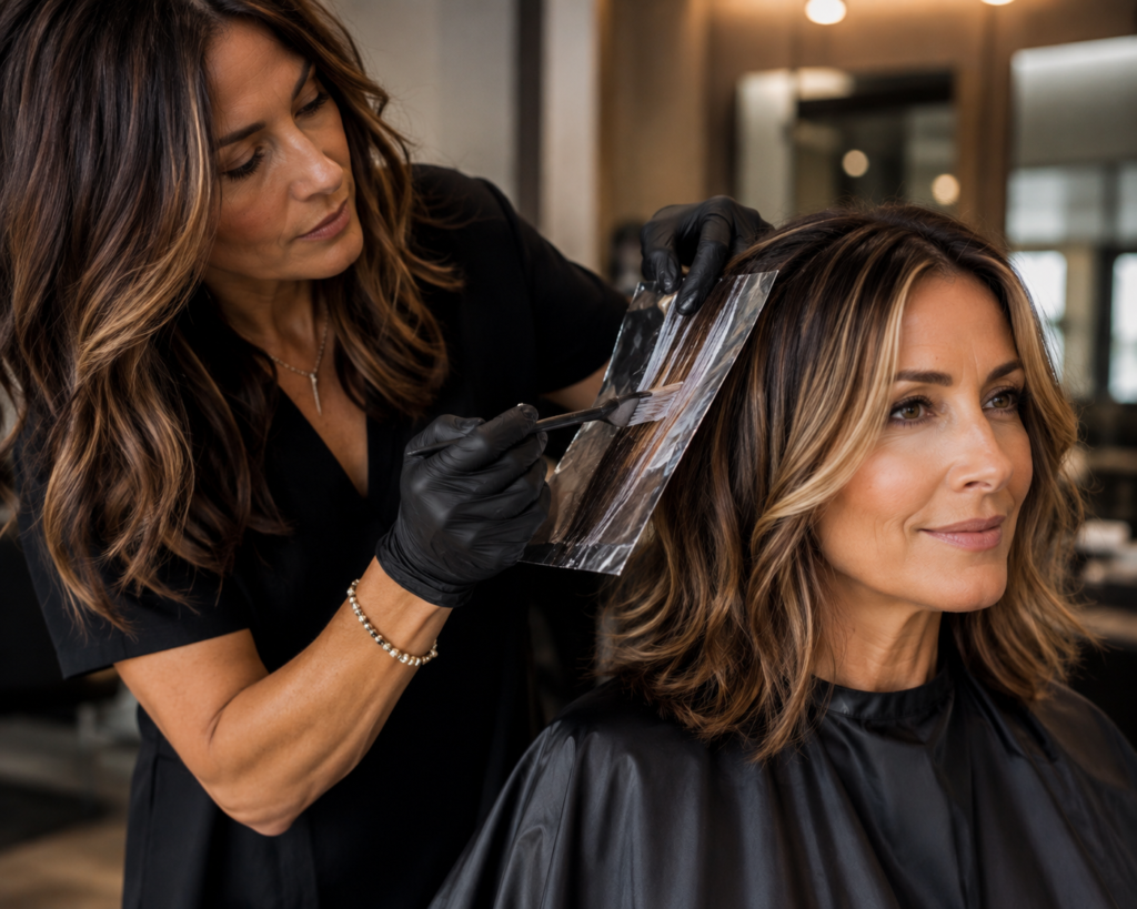 Hairstylist applying face-framing highlights technique