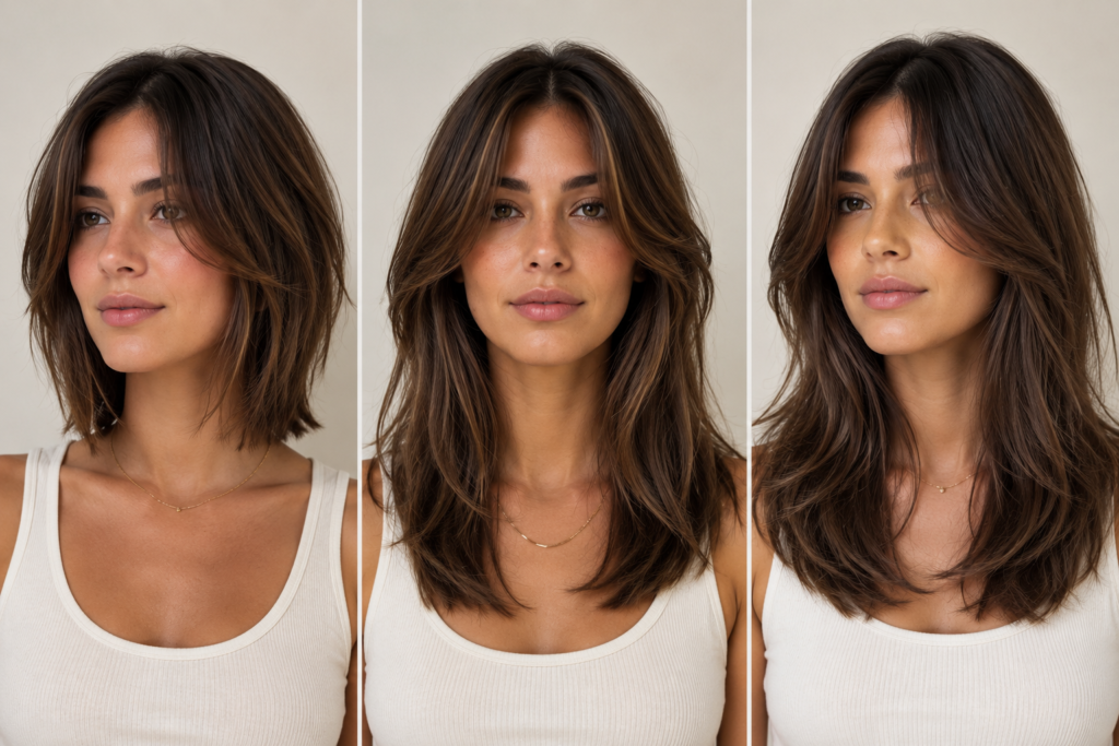 Comparison of short, medium, and long face-framing layer lengths Caption: Face-framing layers can be customized to different lengths.