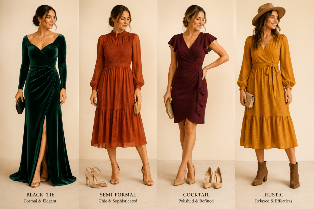 Four fall wedding guest dress code styles shown side by side: black tie, semi-formal, cocktail, and rustic