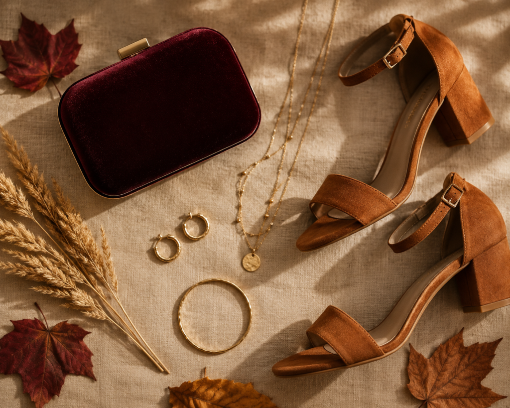 Flat lay of fall wedding guest accessories including suede heels, a velvet clutch, and gold jewelry 