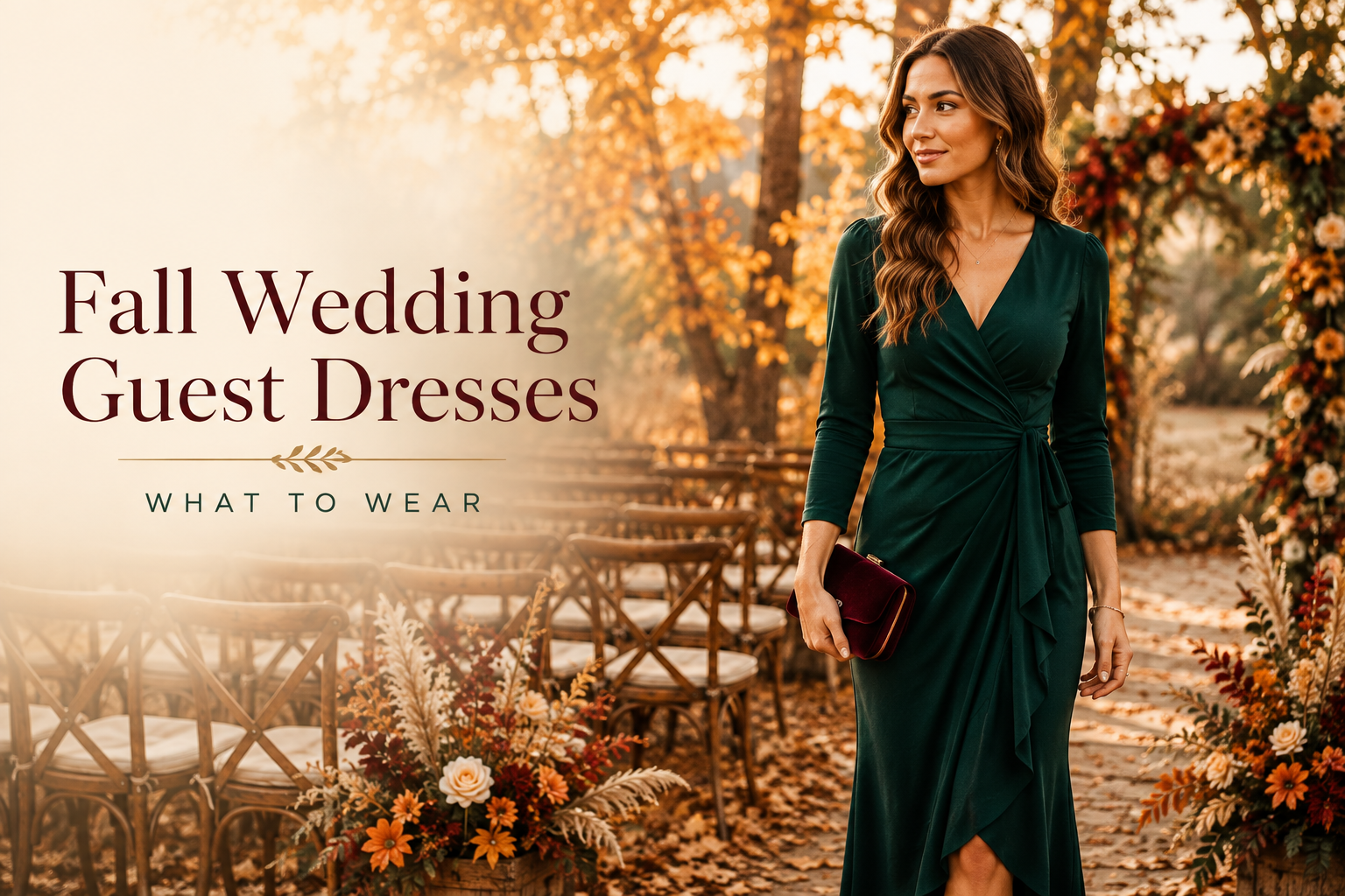 Fall wedding guest in an elegant emerald green dress holding a burgundy clutch at a golden autumn outdoor wedding
