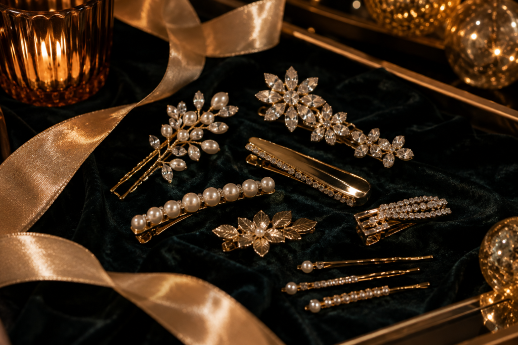 Flat-lay of festive hair accessories for holiday styling