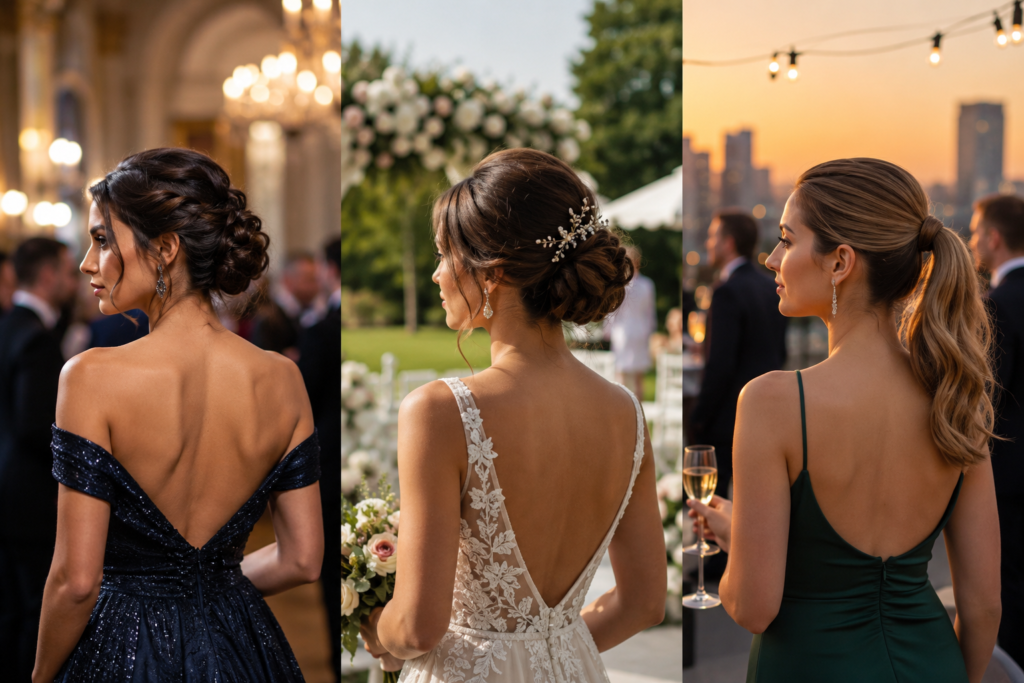 Three formal hairstyles matched to gala, wedding, and cocktail settings Caption: The formality of the event should guide how structured your hairstyle needs to be.