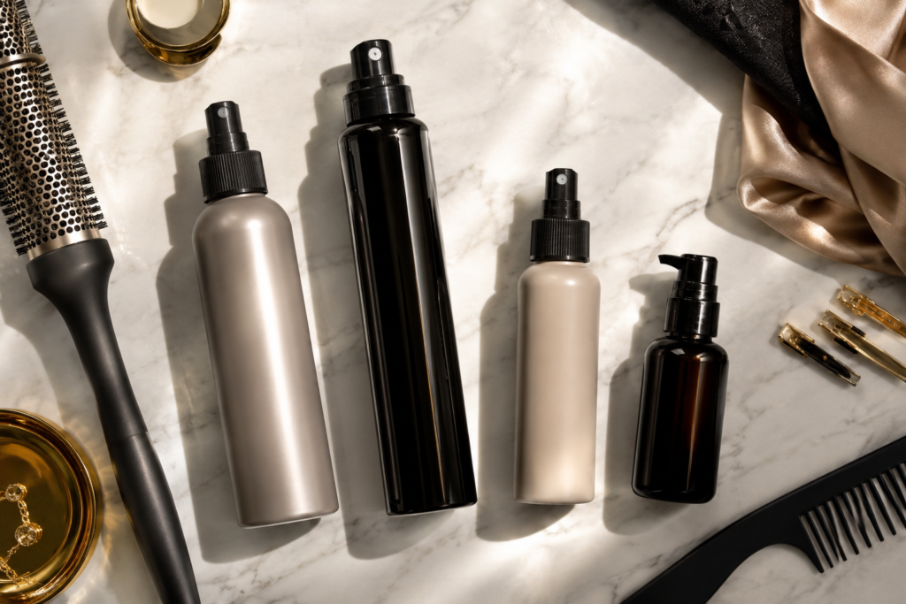 Flat-lay of formal hairstyling products for humid summer conditions Caption: The right products make the difference between a style that holds and one that wilts