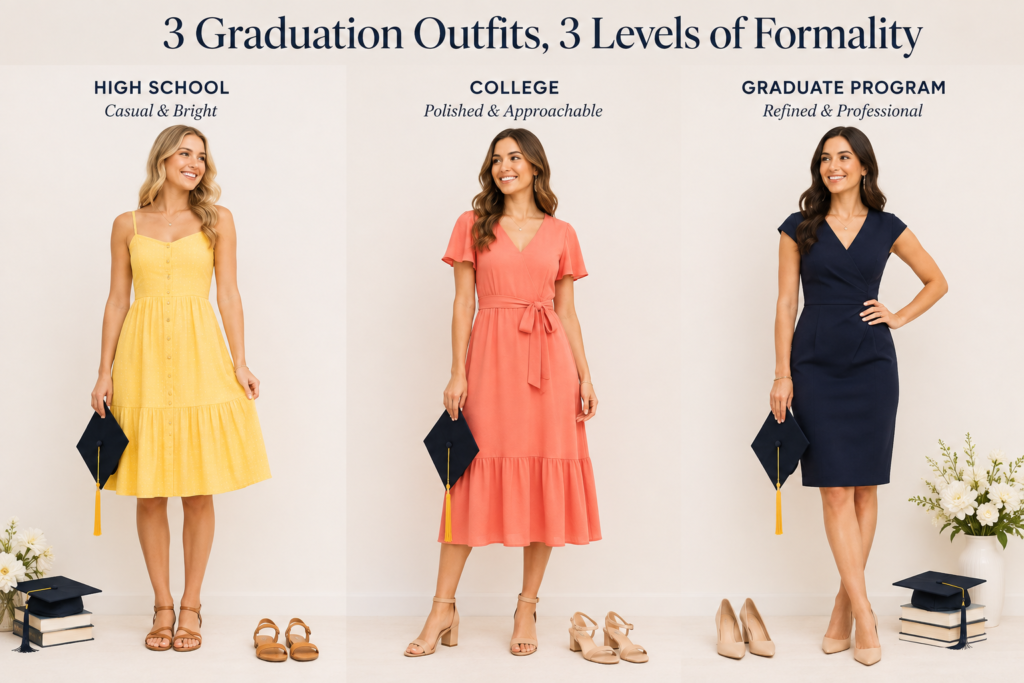 Three graduation dress styles shown side by side: casual sundress, polished midi, and formal sheath