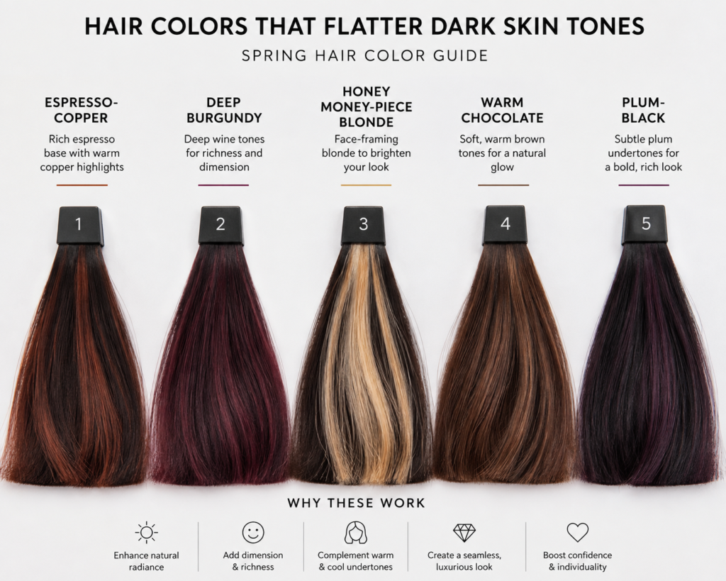 Professional hair color swatch chart featuring espresso-copper, deep burgundy, honey money-piece blonde, warm chocolate, and plum-black shades for dark skin tones