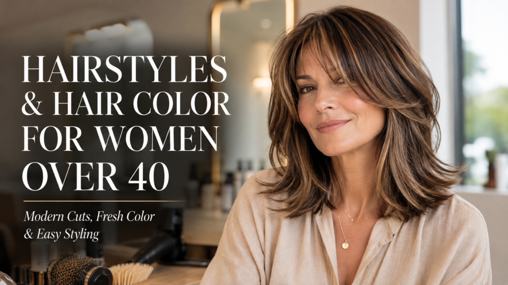 Confident woman over 40 with shoulder-length layered brunette hair, curtain bangs, and dimensional highlights in a sophisticated modern salon.