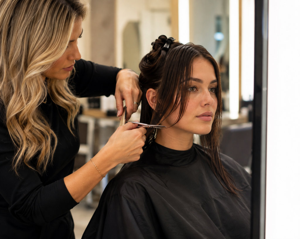 Hairstylist cutting precision face-framing layers near cheekbone area Caption: Precision cutting ensures face-framing layers highlight the right features.