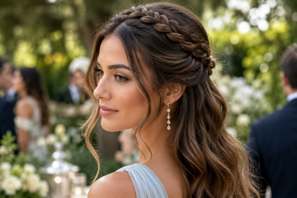 Woman with half-up braided crown hairstyle at formal garden event Caption: A braided crown adds structure while keeping the style romantic.