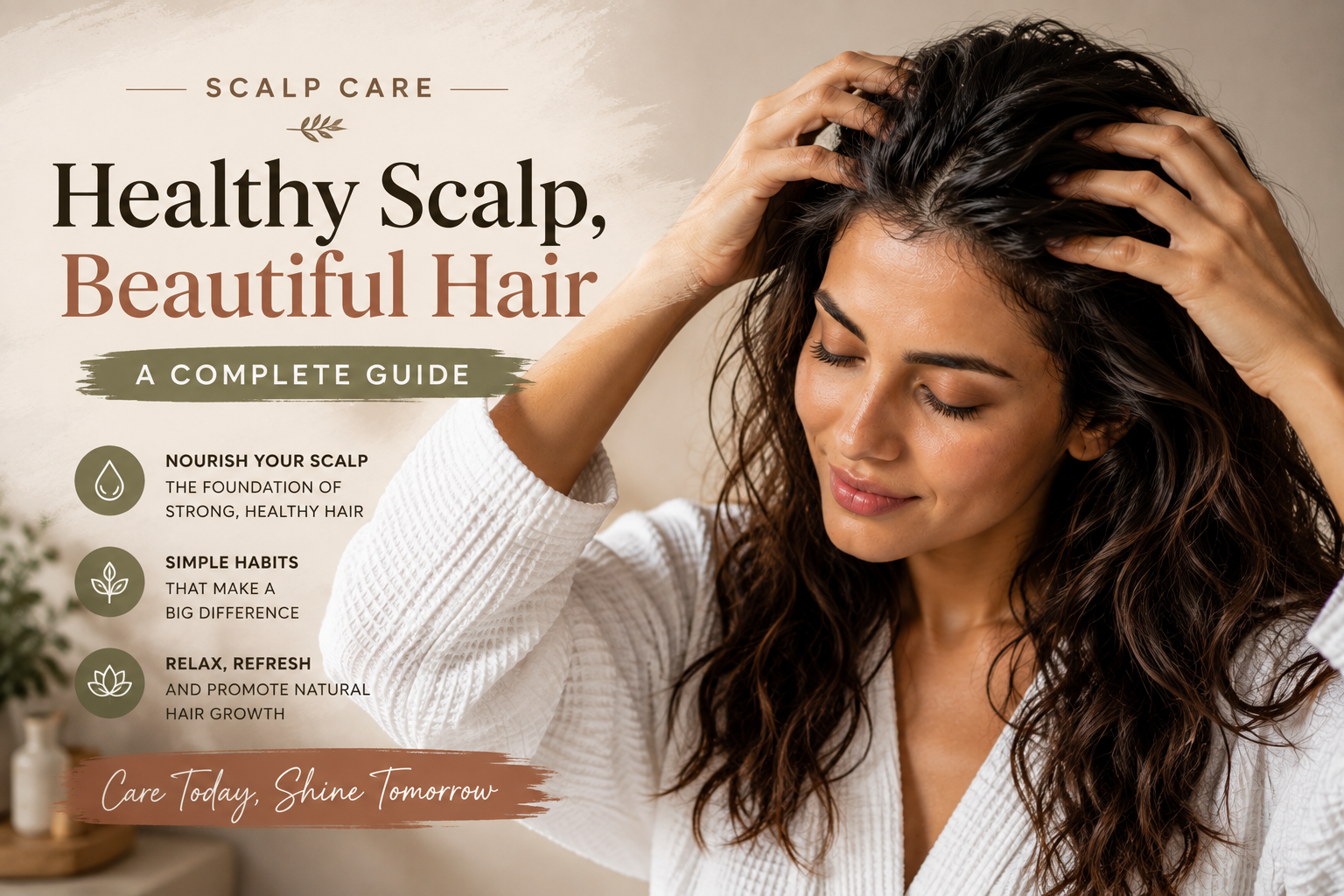 Woman gently massaging her scalp as part of a healthy scalp and hair-care routine.