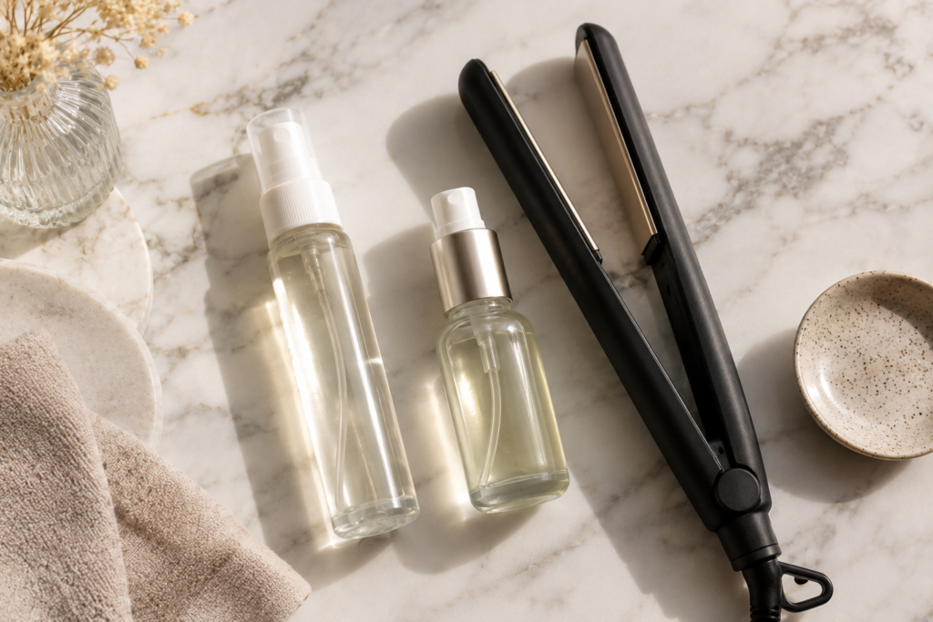 Flat-lay of heat protectant, smoothing serum, and flat iron