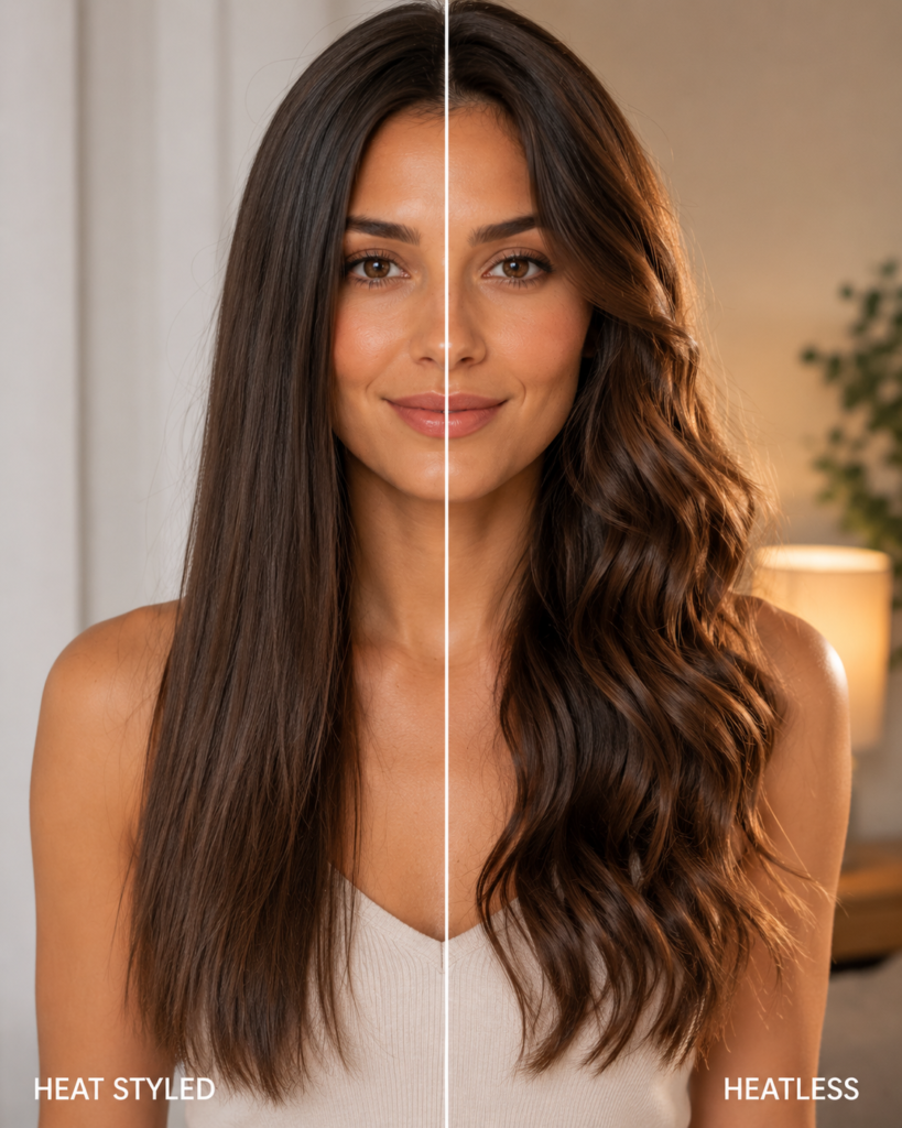 Before and after comparison of heat styled versus heatless hairstyle Caption: Compare heat-styled and heatless results side by side.